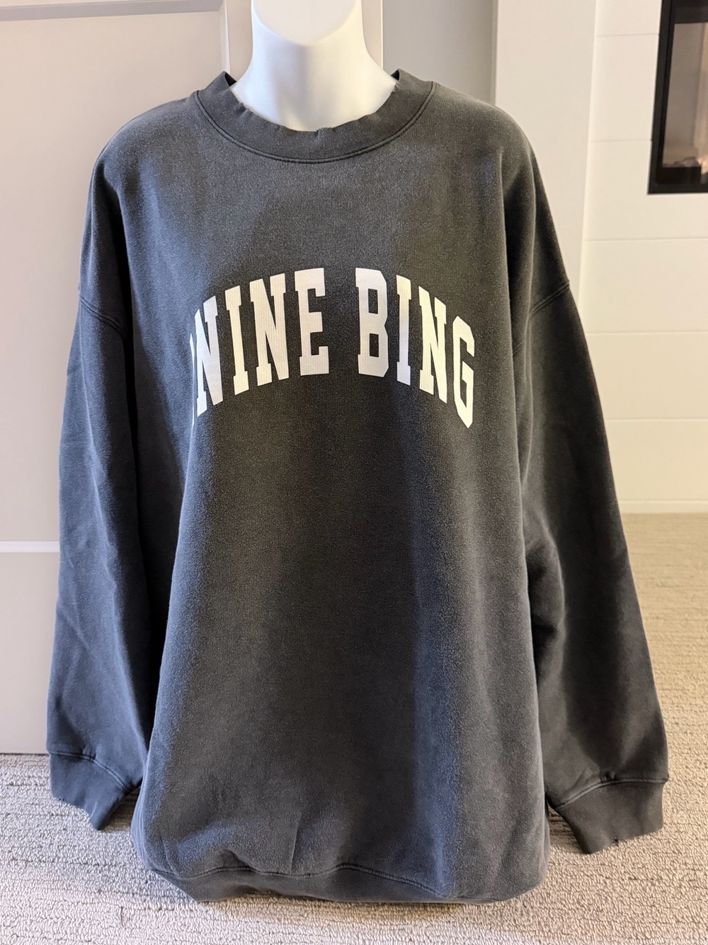 ANINE BING Super Oversized Luxe Logo Washed Black Sweatshirt Sz L NWT $220!!